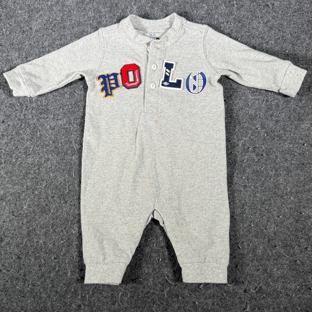 Ralph Lauren Baby Boys Gray Varsity Logo Henley Long Sleeve Coverall 3M 60